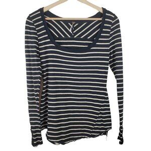 Free People Shirt Womens Small S Black‎ White Stripe Crochet cuff Exposed Seams